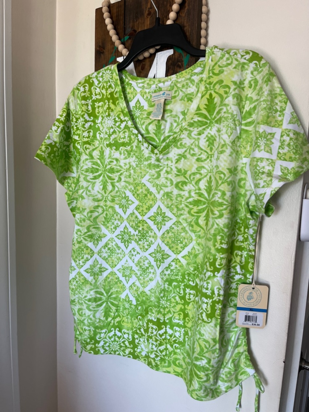 Caribbean Joe SET Lime Green Printed Top Solid Pants Women’s Sz XL